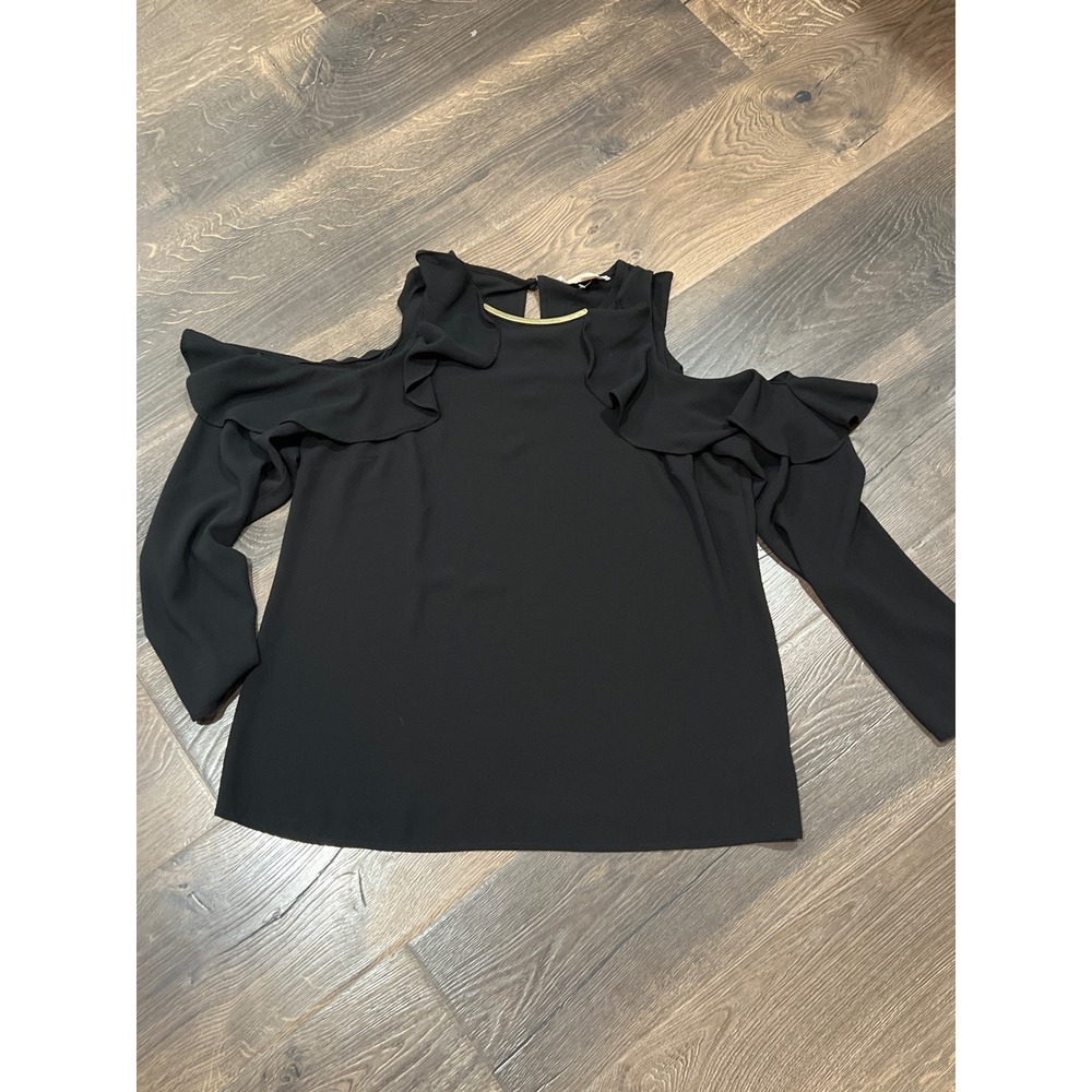 Michael Kors Black Cold Shoulder‎ Ruffle Blouse Gold Bar Neck ladies Medium